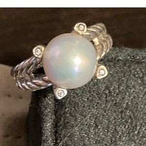 David Yurman 10mm Cable Cultured Freshwater Pearl & Diamonds Ring Size 8